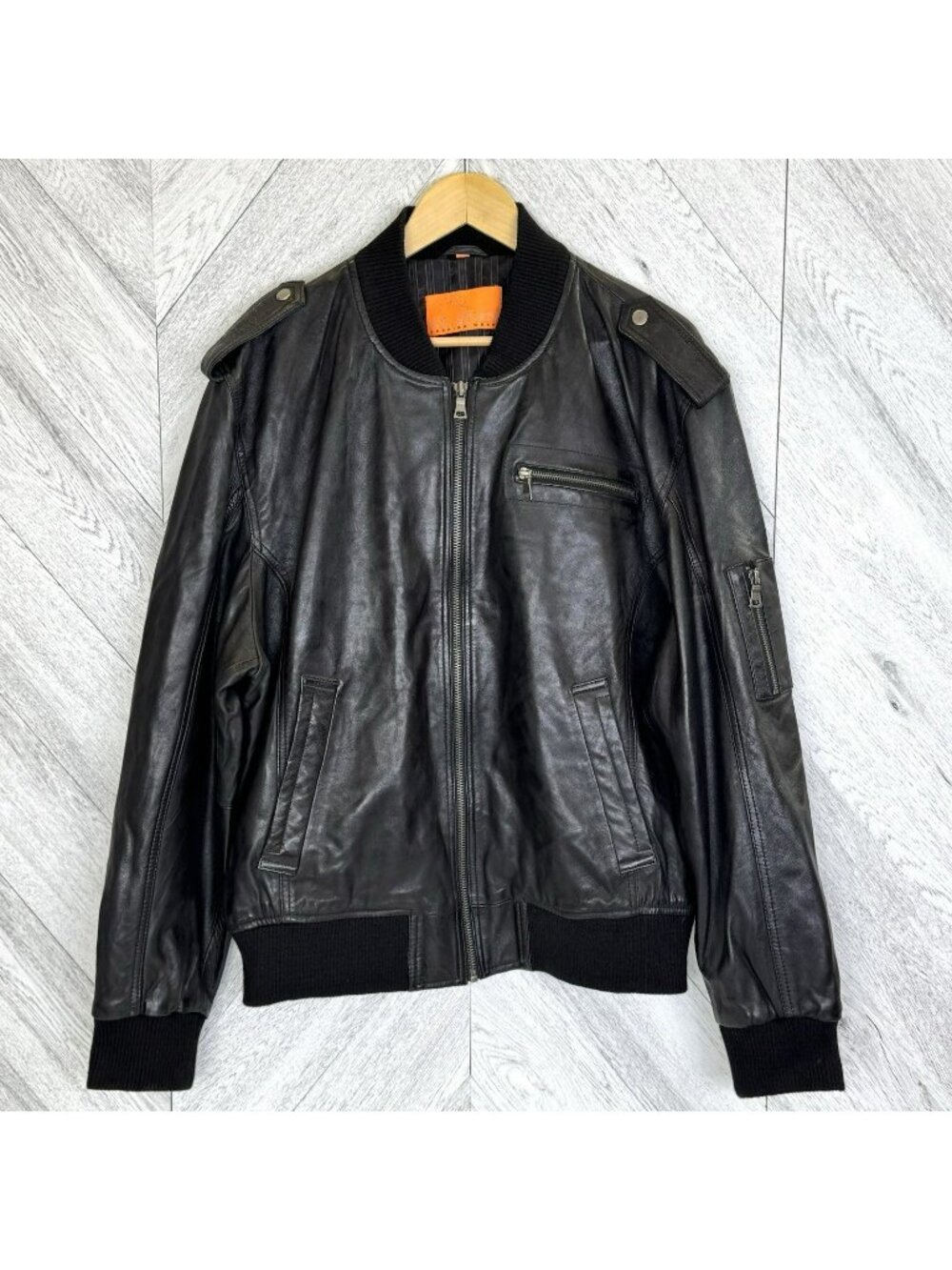 El Zein Cafe Racer Moto Black Lambskin Leather Bomber Jacket Mens Size XL